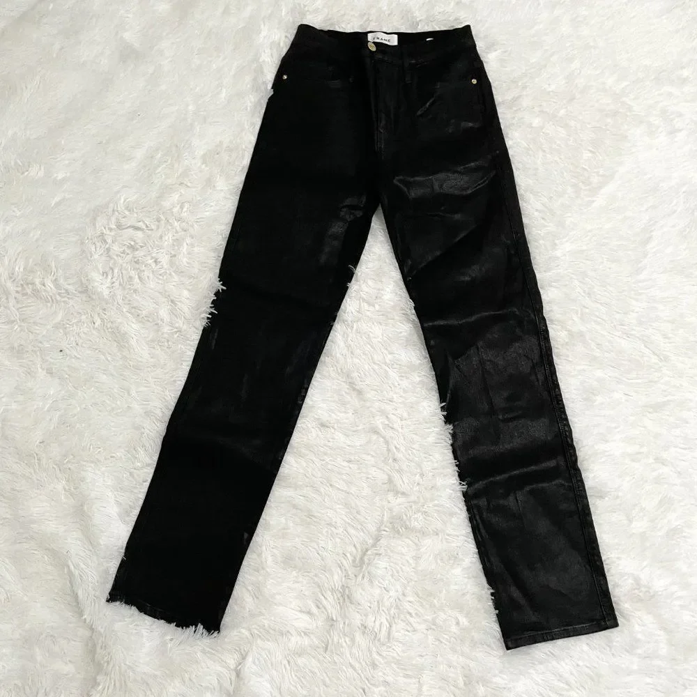 Women Frame Le Sylvie Slender Straight Jeans Coated in Black Size 27